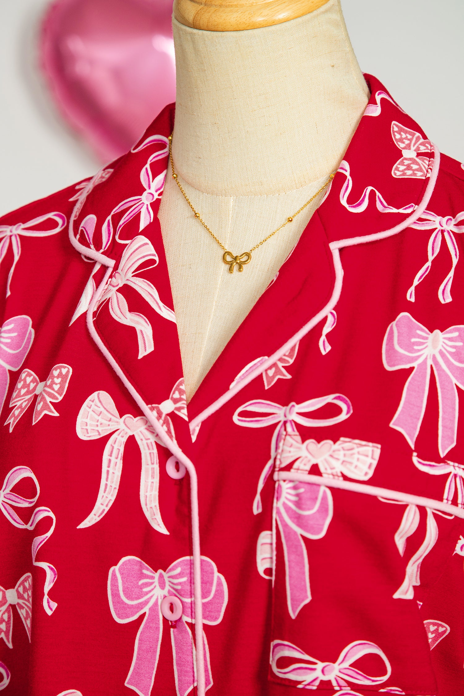 Red Sweet Bow Print Shirt Style Top Long 2pcs Pyjama Set