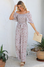 White Smocked Short Sleeve Wide Leg Floral Print Jumpsuit
