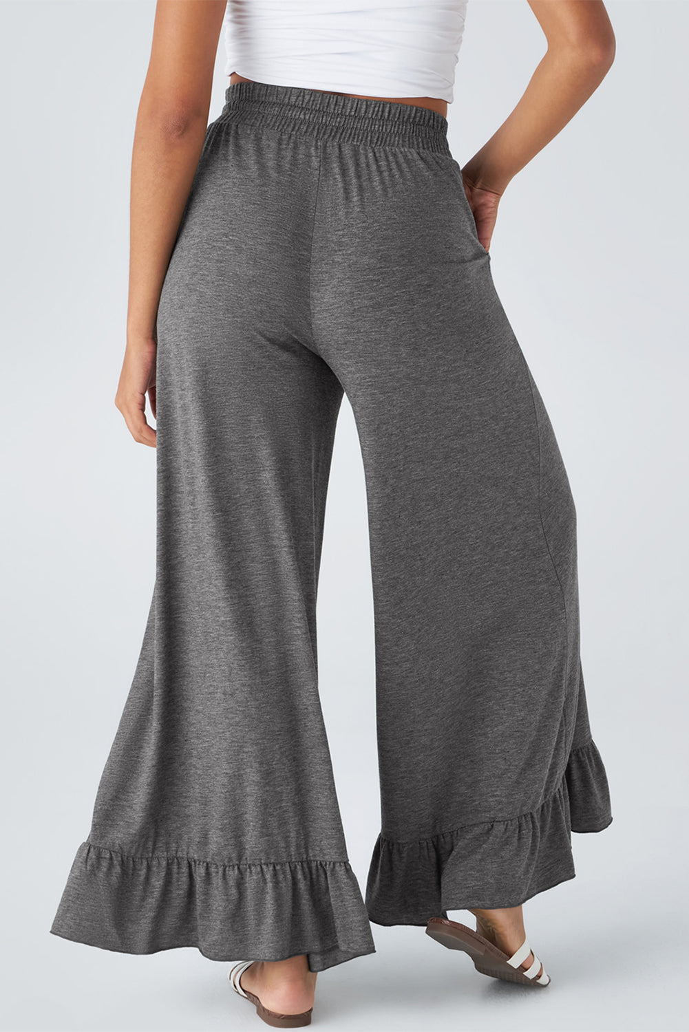 Medium Grey Ruffled Wide Leg Pull On High Waist Pants with Pockets