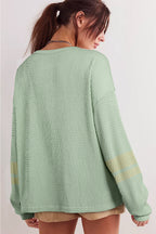 Meadow Mist Green Textured Knit Drop Shoulder Color Block Detail Long Sleeve Henley Top