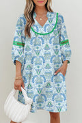 Sky Blue Boho Paisley Print Contrasted Patchwork Detail Bracelet Sleeve Loose Mini Dress