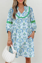 Sky Blue Boho Paisley Print Contrasted Patchwork Detail Bracelet Sleeve Loose Mini Dress