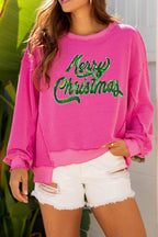 Strawberry Pink Twisted Ribbed Texture Merry Christmas Sequin Letter Graphic Top