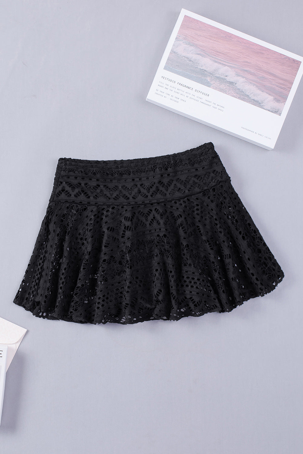 Black Solid Color Crochet Lace Skirted Bikini Bottom
