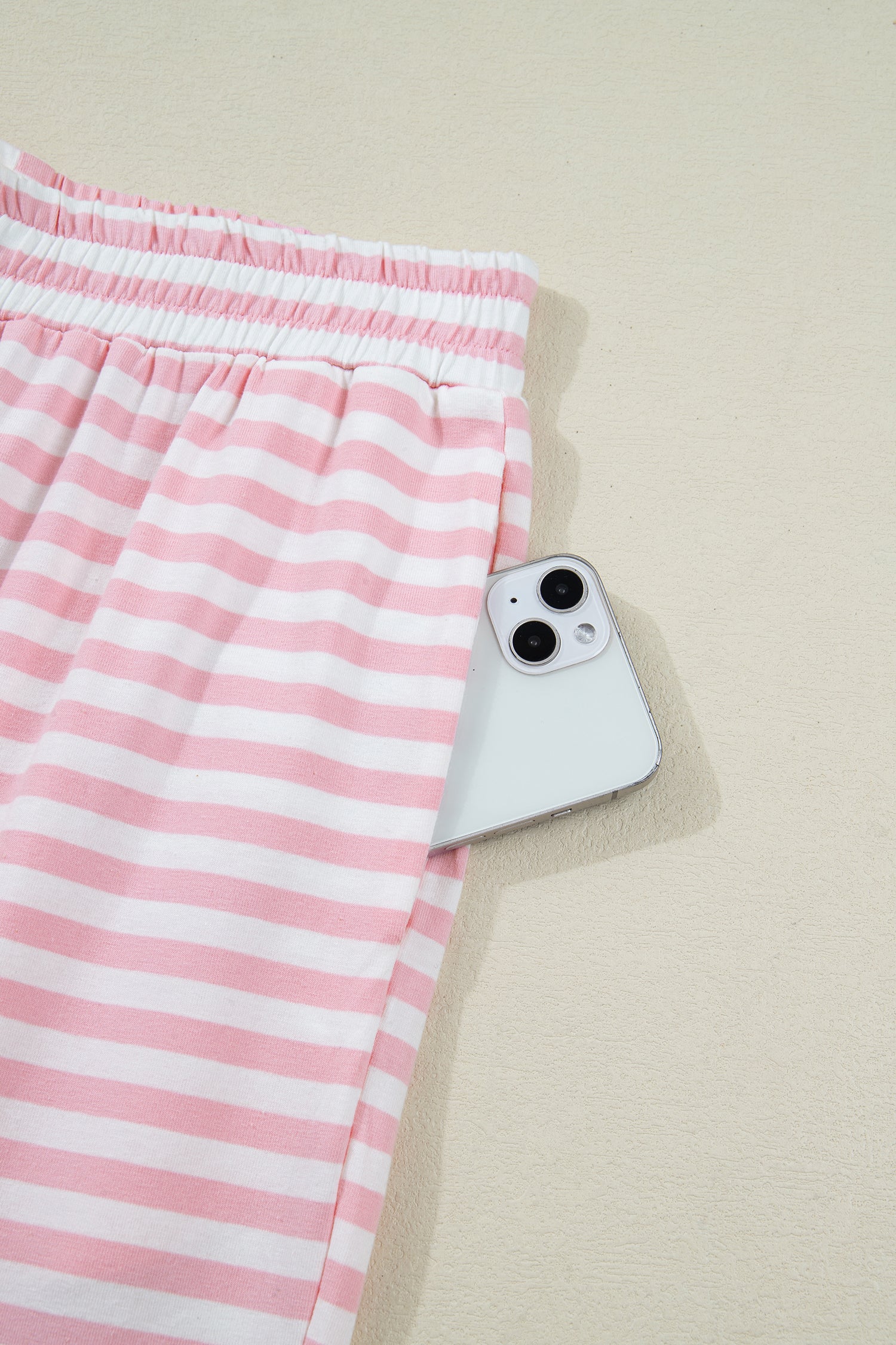 Pink Stripe Drop Shoulder Round Neck Top and Buttoned Straight Pants Two Piece Set