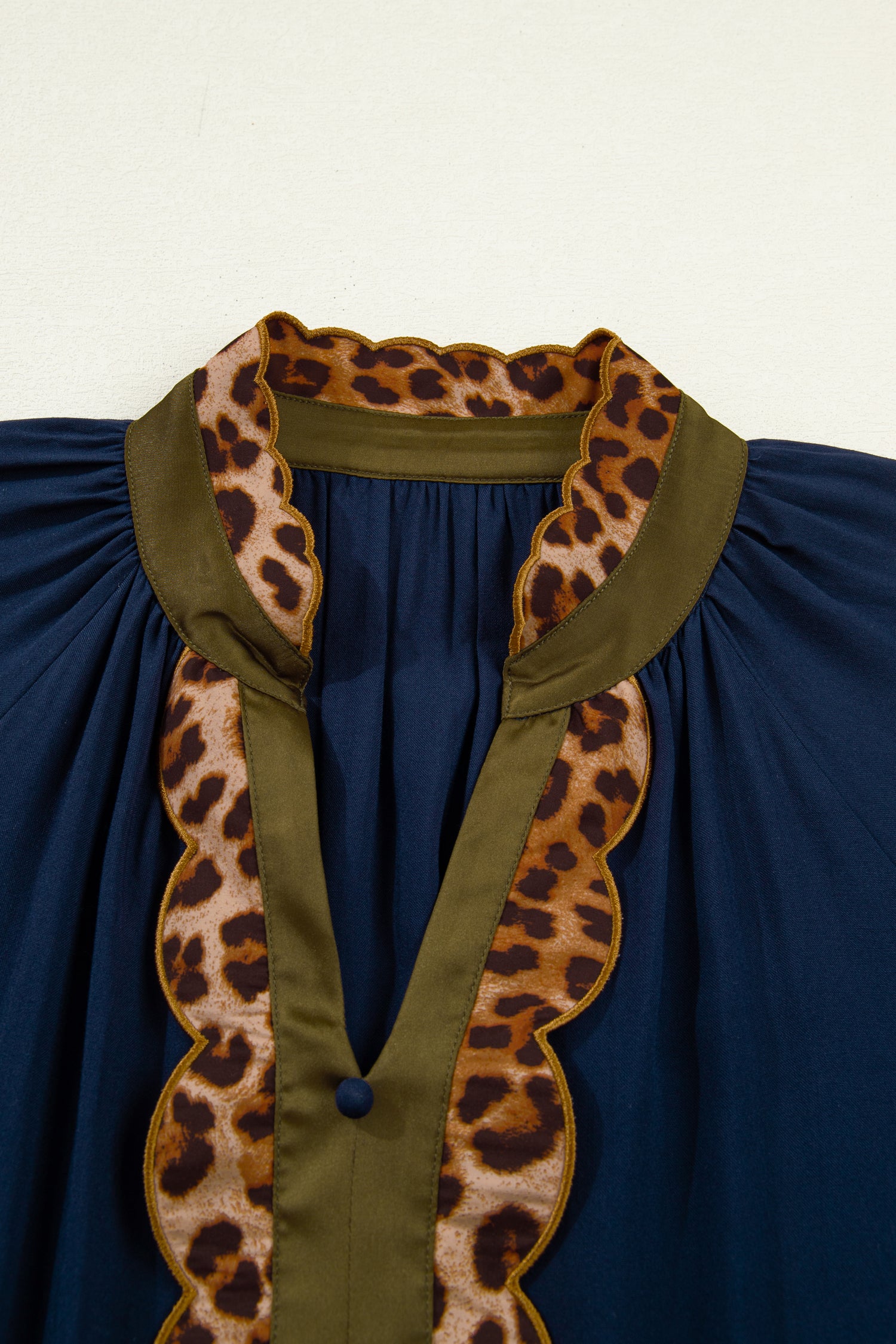 Navy Blue Button Detail Leopard Metallic Trim Short Sleeve Tunic Dress