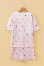 Light Pink Valentine Heart Shape Print Ribbed Knit Short Lounge Set
