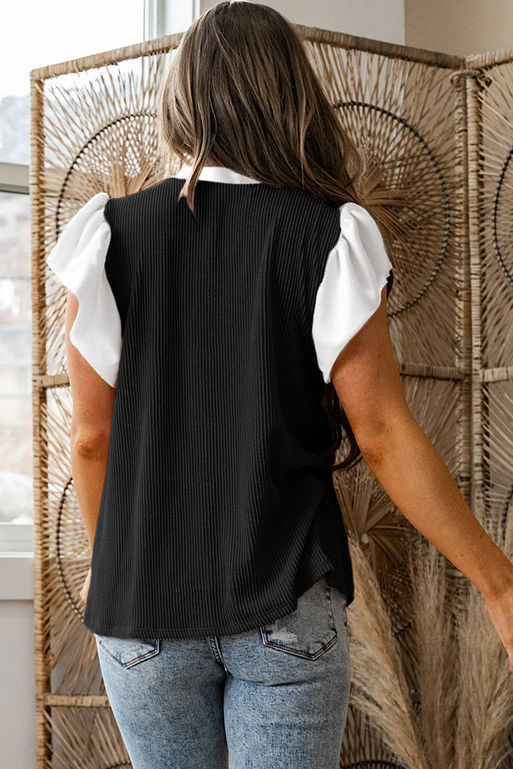 Plus Size Contrast Frilled Neckline Ruffled Short Sleeve Ribbed Textured Blouse