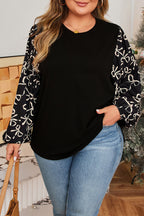 Black Bow Knot Patchwork Crewneck Plus Size Blouse