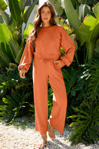 Flamingo Drop Shoulder Puff Sleeve Crop Pullover Drawstring Wide Leg Pants Set