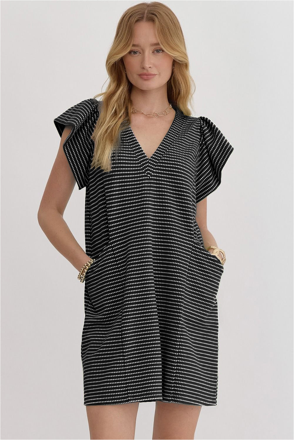 Black Stripe Textured Knit V Neck Flutter Sleeve Shift Mini Dress