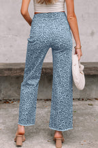 Leopard Frayed Edge Wide Leg High Waist Jeans