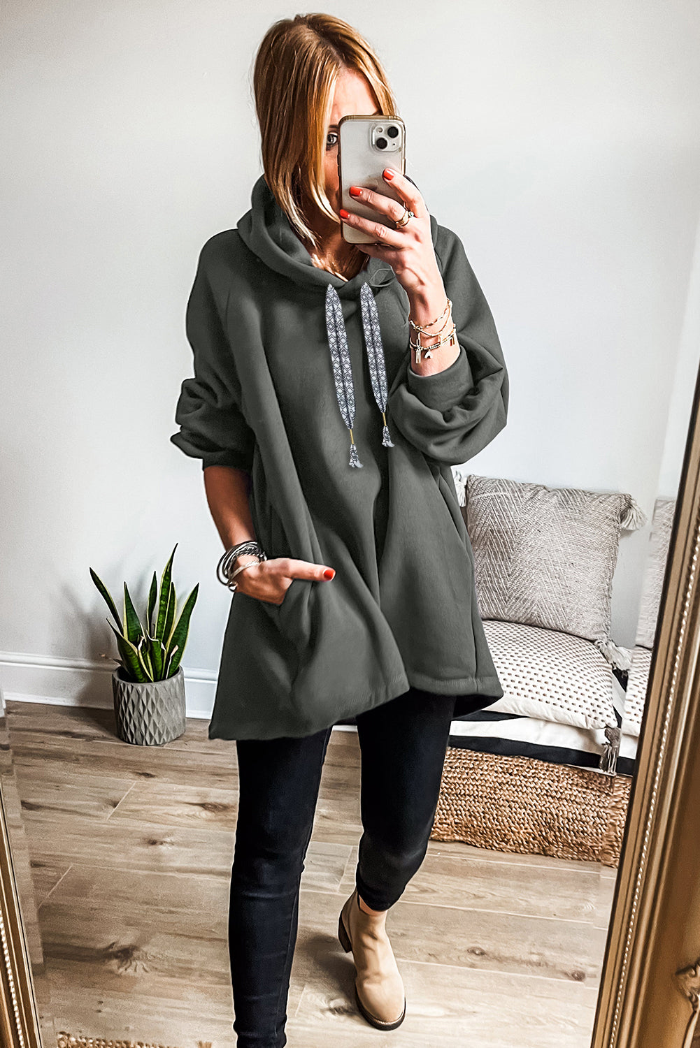 Fleece Lined Adjustable Drawstring Oversize Tunic Hoodie