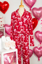 Red Sweet Bow Print Shirt Style Top Long 2pcs Pyjama Set
