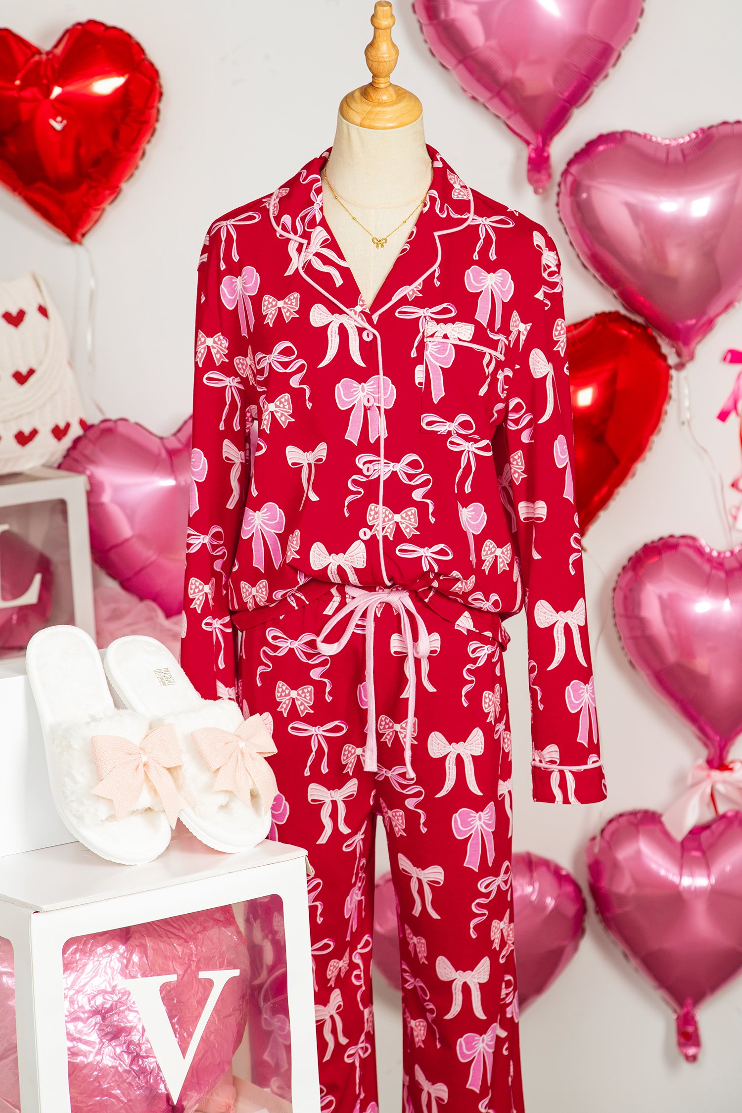 Red Sweet Bow Print Shirt Style Top Long 2pcs Pyjama Set