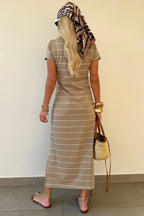 Khaki Stripe Casual Short Sleeve Side Slit Maxi T Shirt Dress