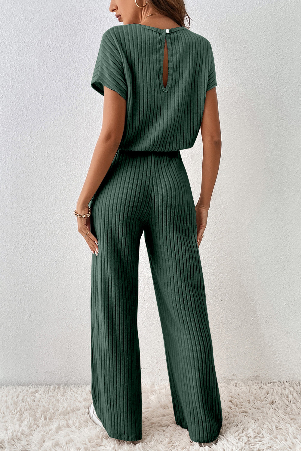 Dark Grey Ribbed Keyhole Short Sleeve Wide Leg Jumpsuit