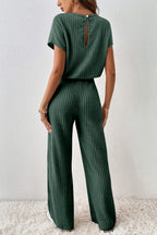 Dark Grey Ribbed Keyhole Short Sleeve Wide Leg Jumpsuit