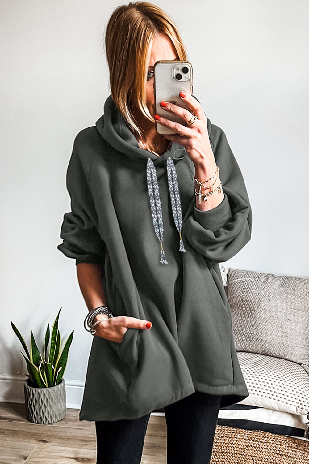Fleece Lined Adjustable Drawstring Oversize Tunic Hoodie