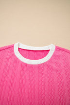 Bright Pink Textured Color Block Trim Loose Tee Drawstring Shorts 2pcs Set