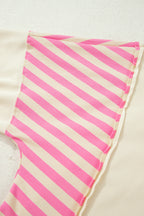 Pink Stripe Contrast Polo Collar Drop Shoulder Patchwork Plus Size Pullover