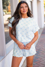 Pink Bow Knot Geometric Print Lettuce Trim Two Piece Lounge Set