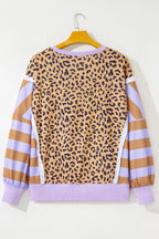 Purple Leopard Striped Patchwork Plus Size Loose Sweatshirt