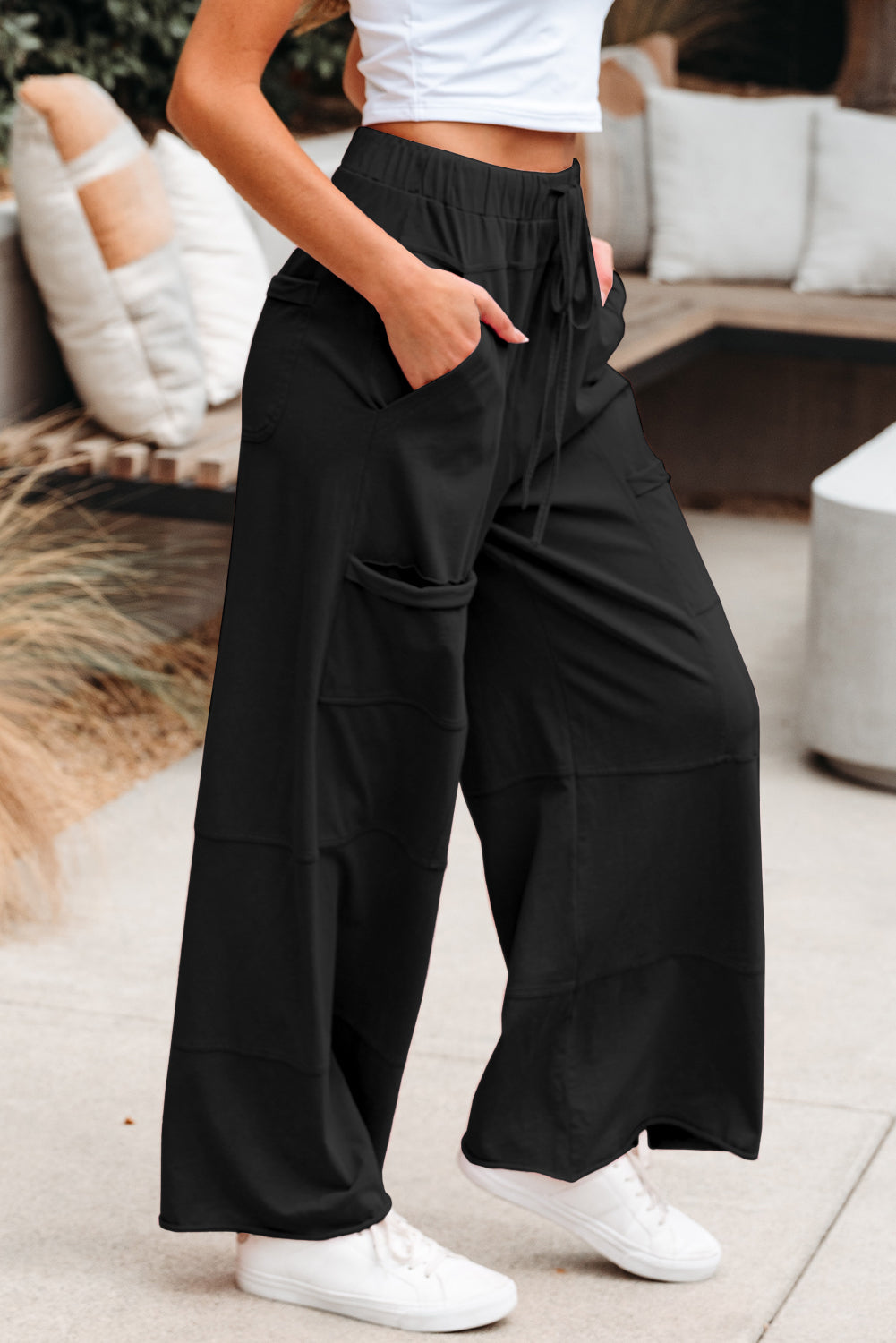 Mineral Wash Exposed Seam Drawstring Elastic Waistband Wide Leg Cargo Pants