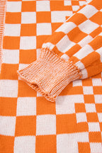 Orange Checkered Bubble Sleeve Drop Shoulder Open Cardigan