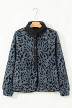 Blue Cow Print Buttoned Stand Collar Fleece Jacket
