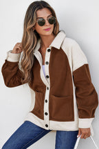 Brown Color Block Patchwork Button Down Fleece Shacket