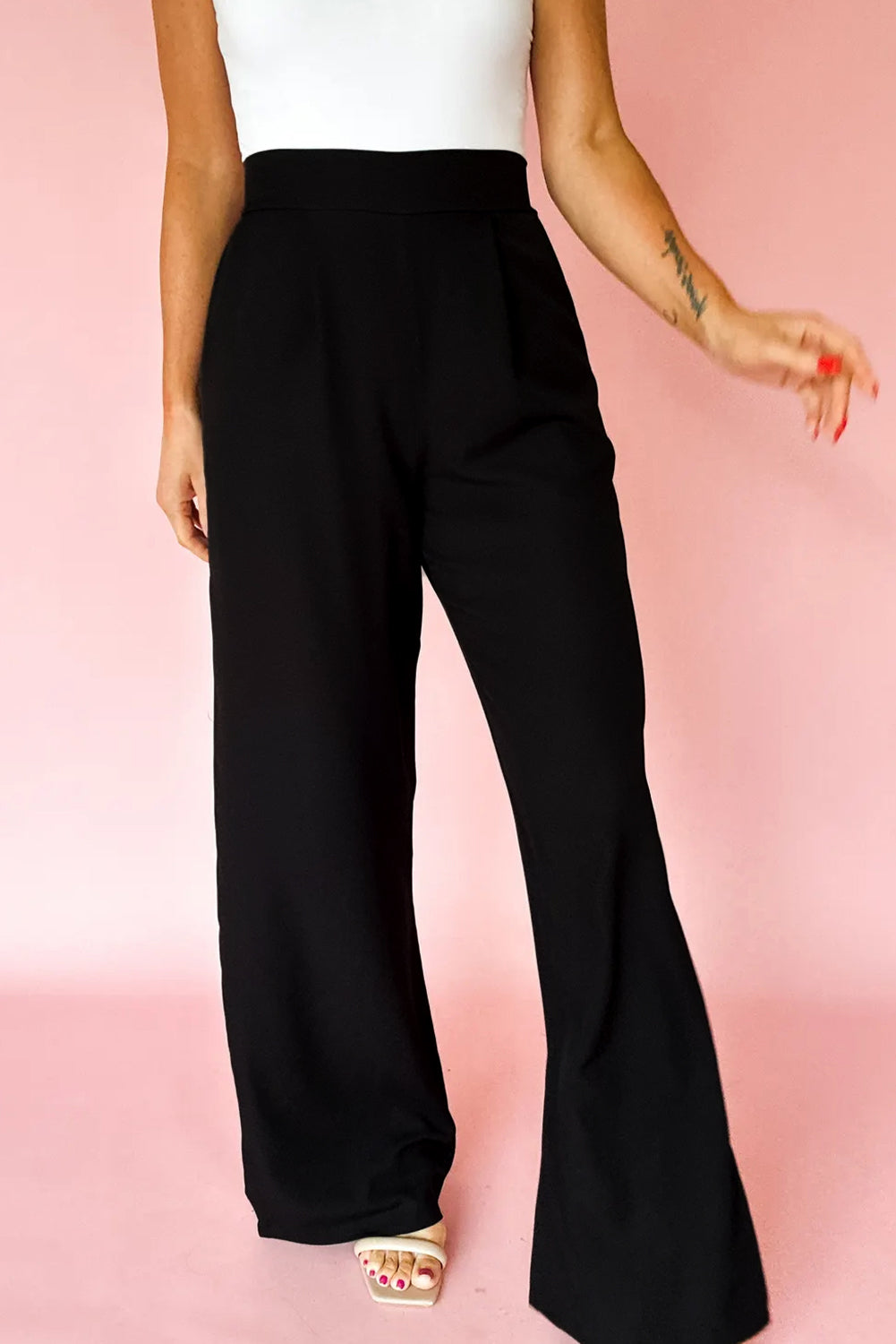 Pleated Detail Pull On High Elastic Waist Loose Straight Pants