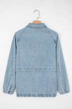 Myosotis Elastic Edge Collared Zip Up Denim Jacket With Pocket