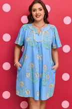 Sky Blue Plus Periwinkle Floral Printed Short Sleeve Striped Trim Split Neck Mini Dress