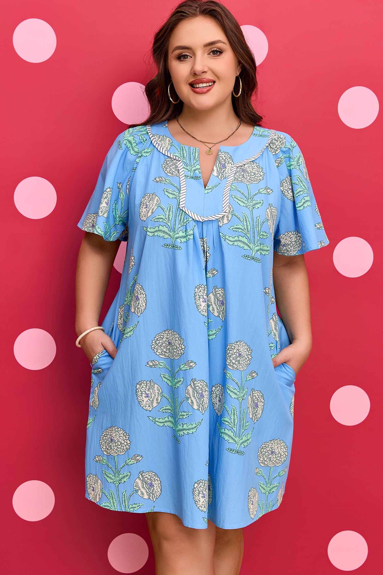 Sky Blue Plus Periwinkle Floral Printed Short Sleeve Striped Trim Split Neck Mini Dress