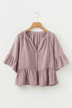 Sepia Rose Slit V Neck Ruffled Loose Blouse