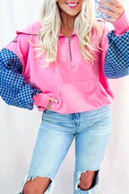Parchment Checkered Patchwork Kangaroo Pocket Half Zipper Hoodie