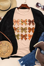 Khaki Bowknot Graphic Short Sleeve Top