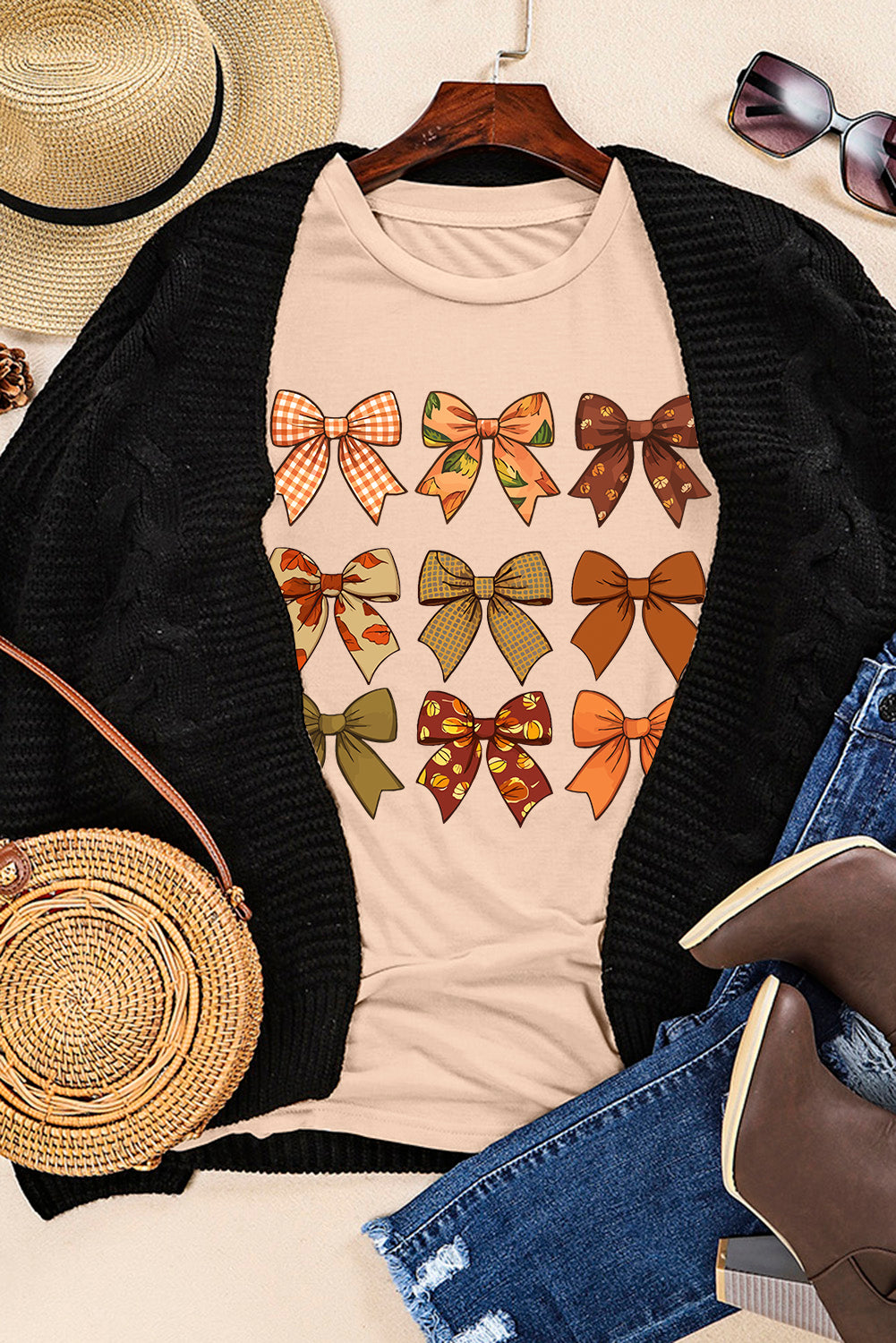 Khaki Bowknot Graphic Short Sleeve Top
