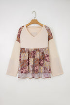 Beige Paisley Ethnic Print Contrast Patchwork Long Sleeve Loose Top