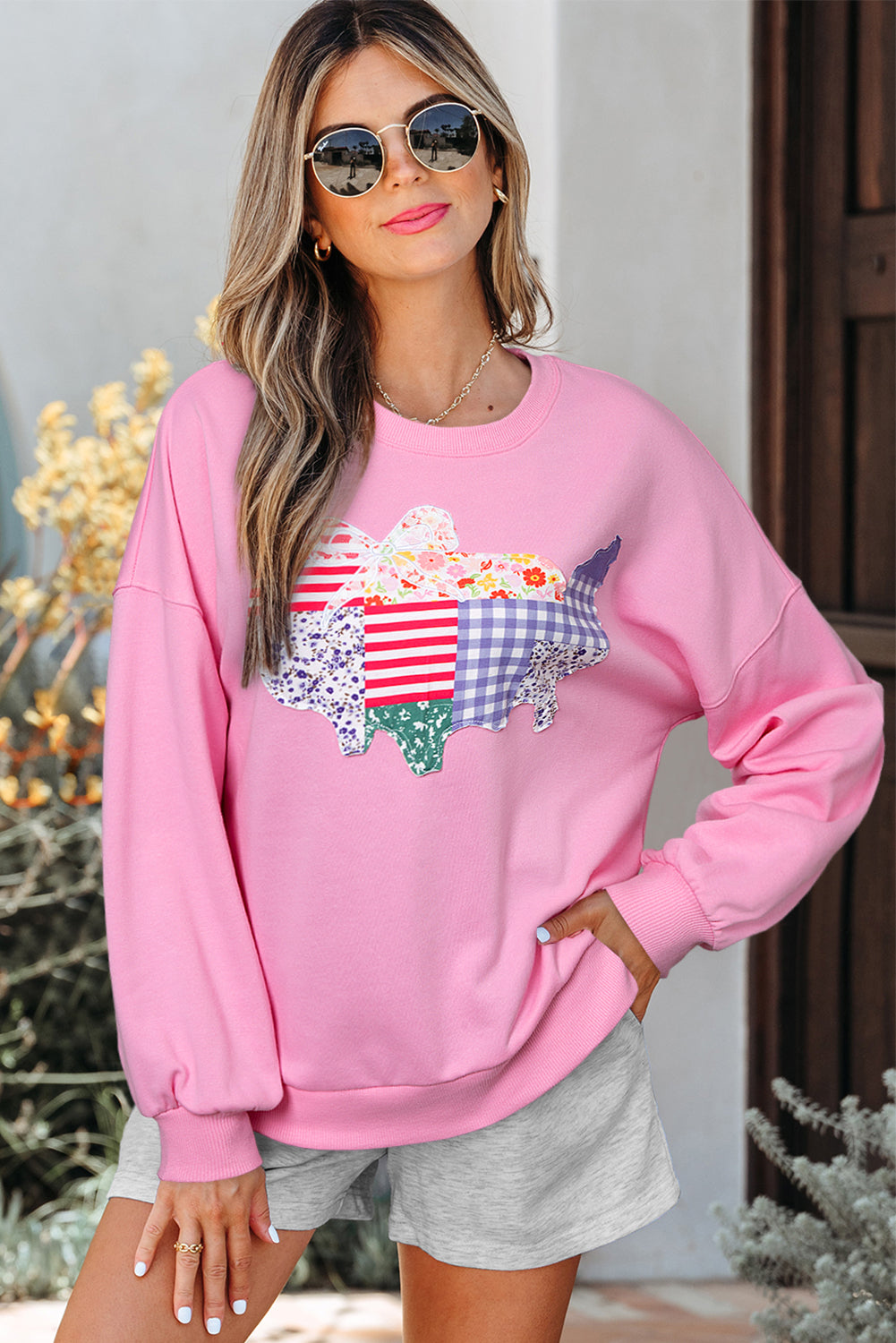 Pink USA Map Patched Graphic Patriotic Sweatshirt