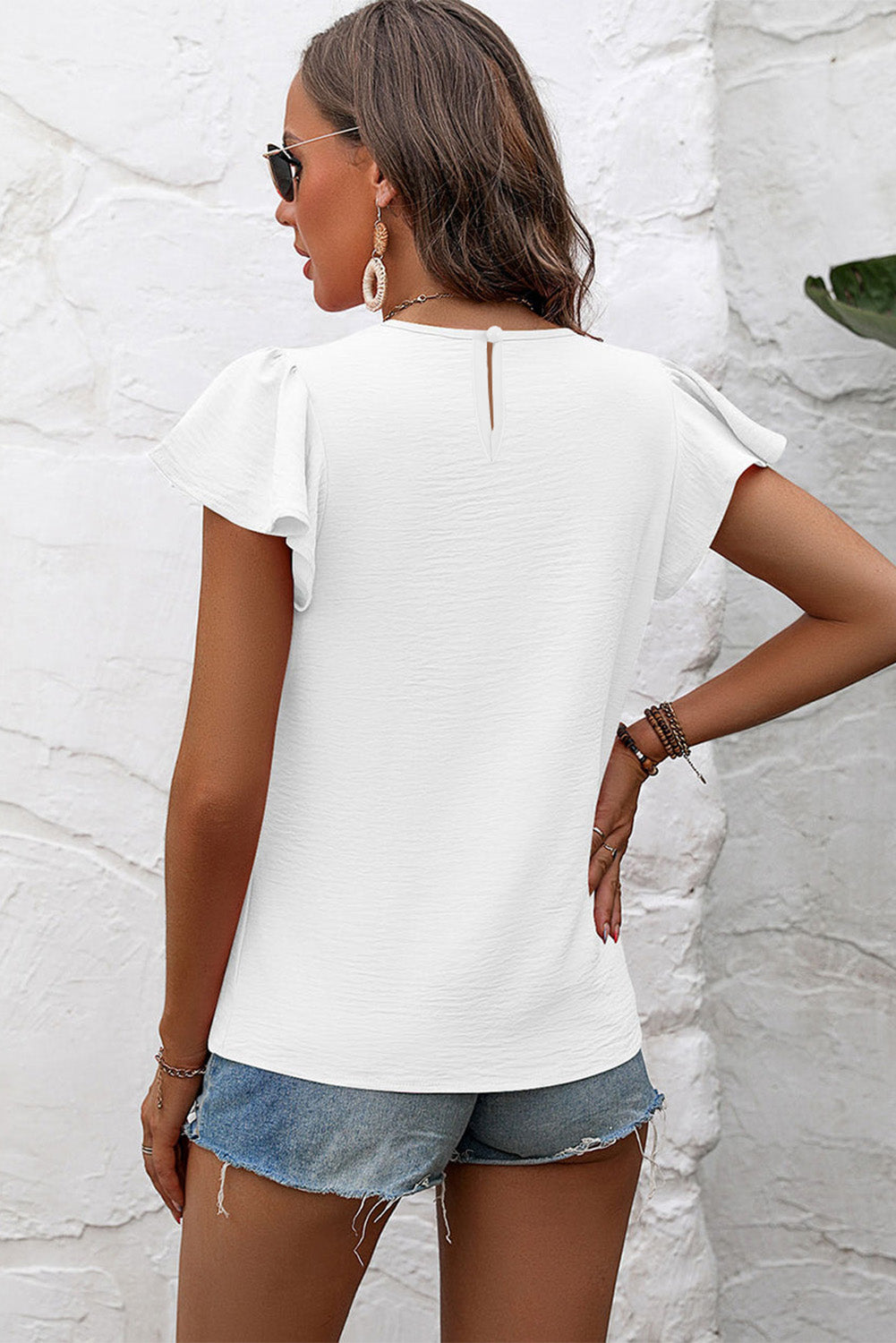 Flounce Sleeve Pleated Textured Blouse