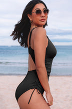 Sky Blue Adjustable Straps Ribbed Knit One Piece Swimsuit