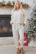 White Polka Dot Print Notched Neck Long Sleeve Top Drawstring Jogger Pants Waffle Knit Lounge Set