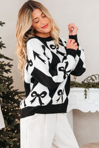 Black Bow Print 2-tone Rhombus Knit Loose Sweater