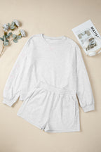 Sachet Pink Girly Bow Embroidered Detail Puff Sleeve Pullover 2pcs Short Set