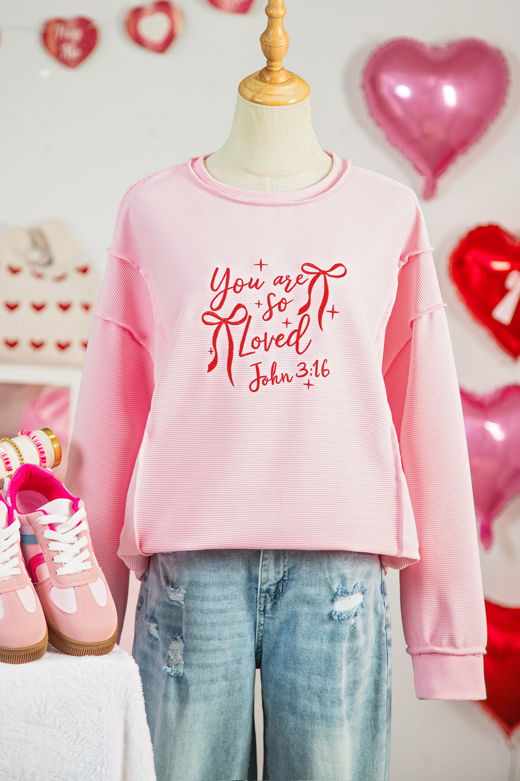 Pink you are so loved Valentines Day Bow Embroidered Graphic Pullover Top