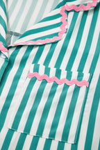 Green Stripe Contrast Ricrac Trim Long Sleeve Shirt Drawstring Ruffled Pyjama Short Set
