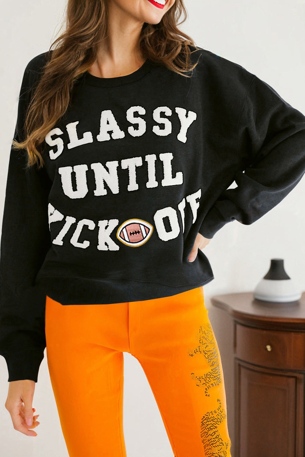 CLASSY UNTIL KICKOFF Plush Letter Patched Loose Sweatshirt