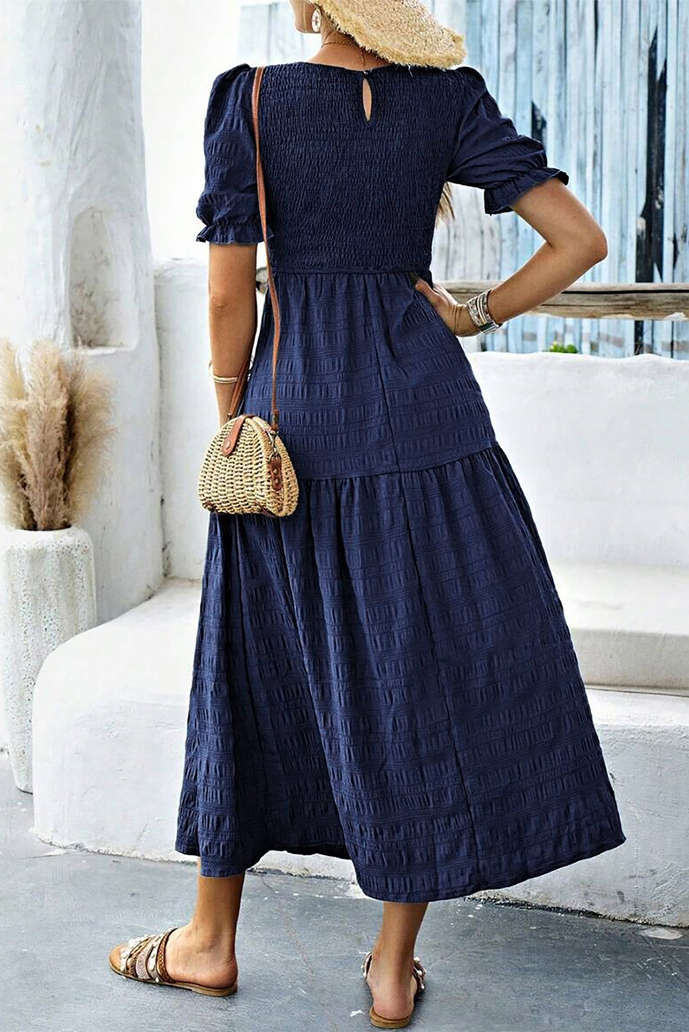 Dark Green Solid Textured Smocked Puff Short Sleeve High Waist Long Dress